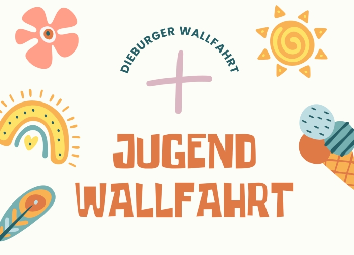 Plakat zur Jugendwallfahrt, verziert mit stilisiertenBlümchen, einer Sonne, Eis und einer Kirche usw.