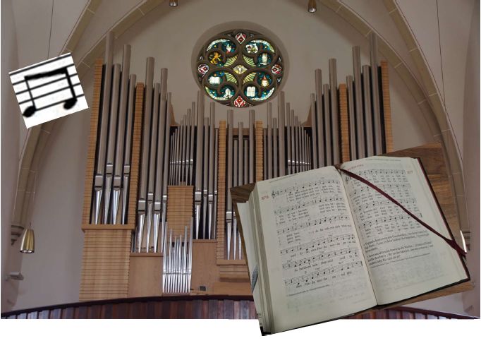 Eine Orgel, davor ein Gebetbuch und zwei Achtel-Noten