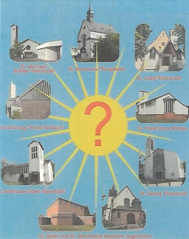 Die Gemeinden der nuen Pfarrei, ehemals Pfarrverbund Darmstadt Süd-Ost, werden gezeigt
