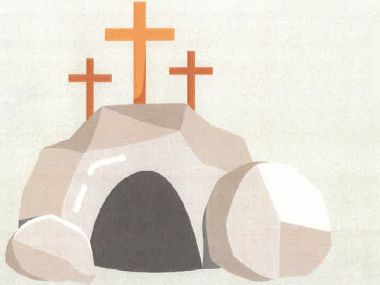 Drei Kreuze auf Golgata, darunter das Felsengrab