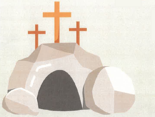 Drei Kreuze auf Golgata, darunter das Felsengrab