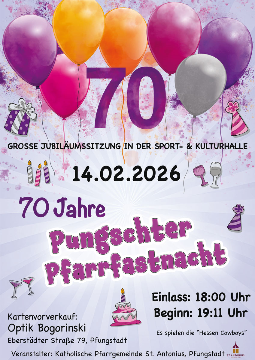 Luftballons laden ein zur Pfarrfastnacht 2026 in Pfungstadt