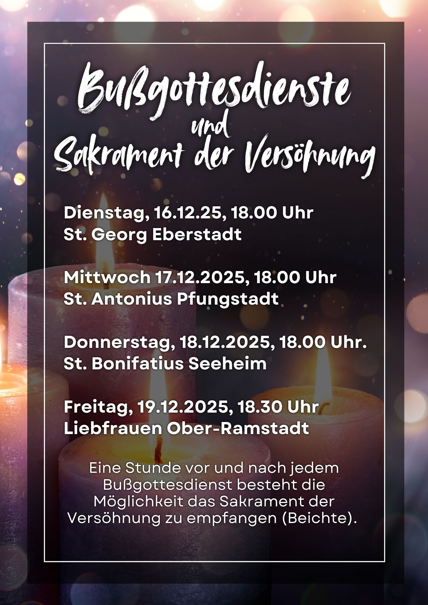 Im Hintergrund Kerzen, im Vordergrund Termine der Bußgottesdienste