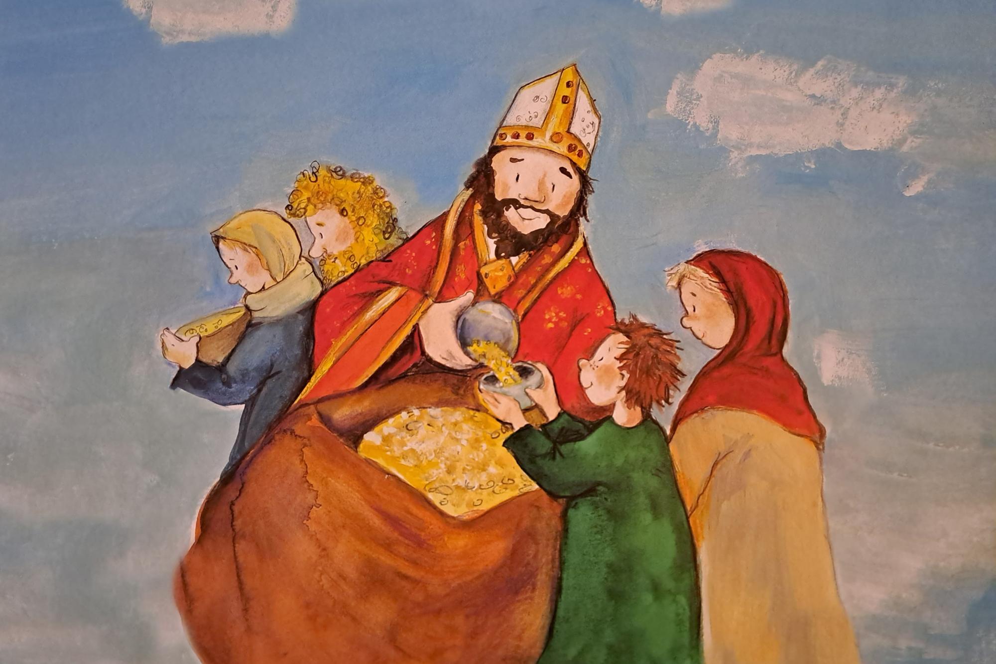 Der Hl. Nikolaus teilt den Weizen an alle aus