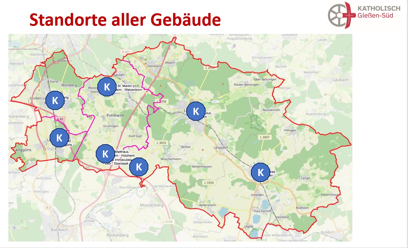 Standorte der Gebäude im Pastoralraum Gießen-Süd (Stand: 2024) (c) Bistum Mainz