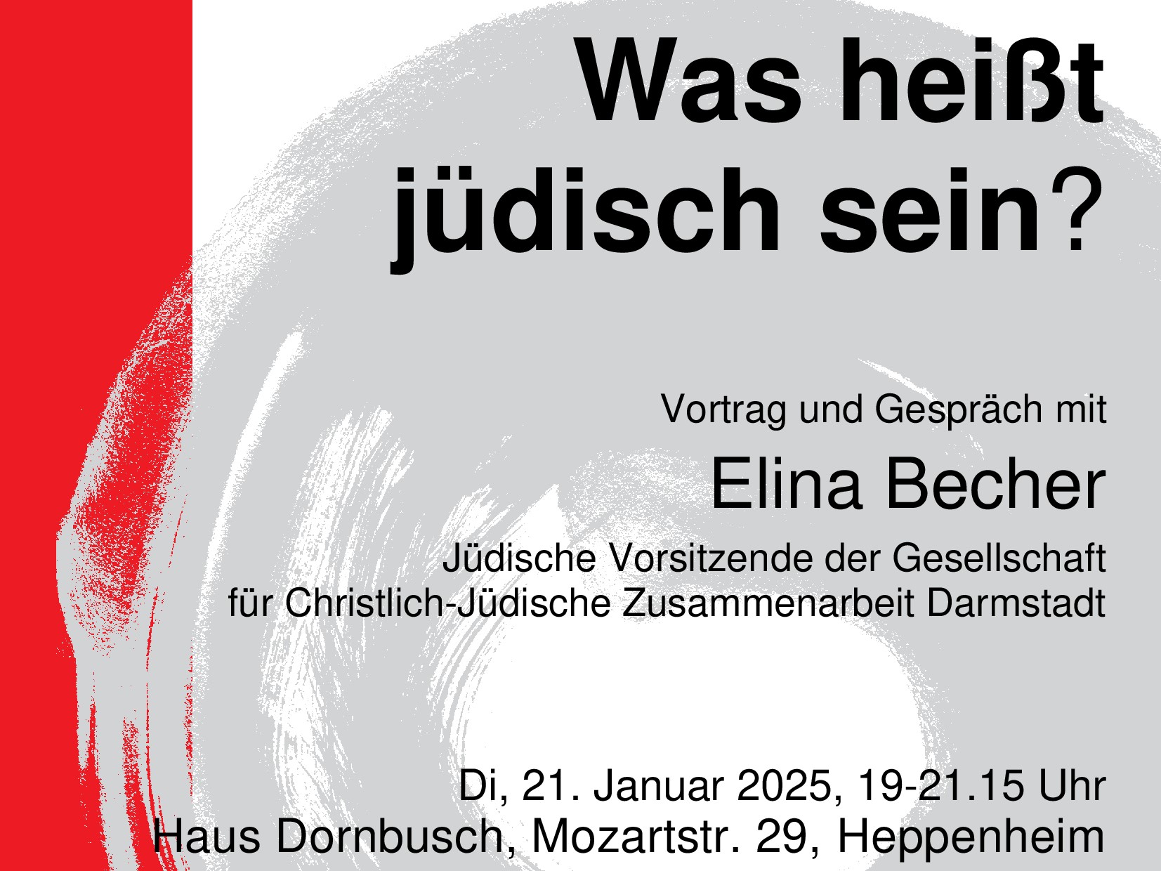 Plakat - Vortrag 'Was heißt jüdisch sein?' - Haus Dornbusch - 21.01.2025, 19.00 - 21.15 Uhr