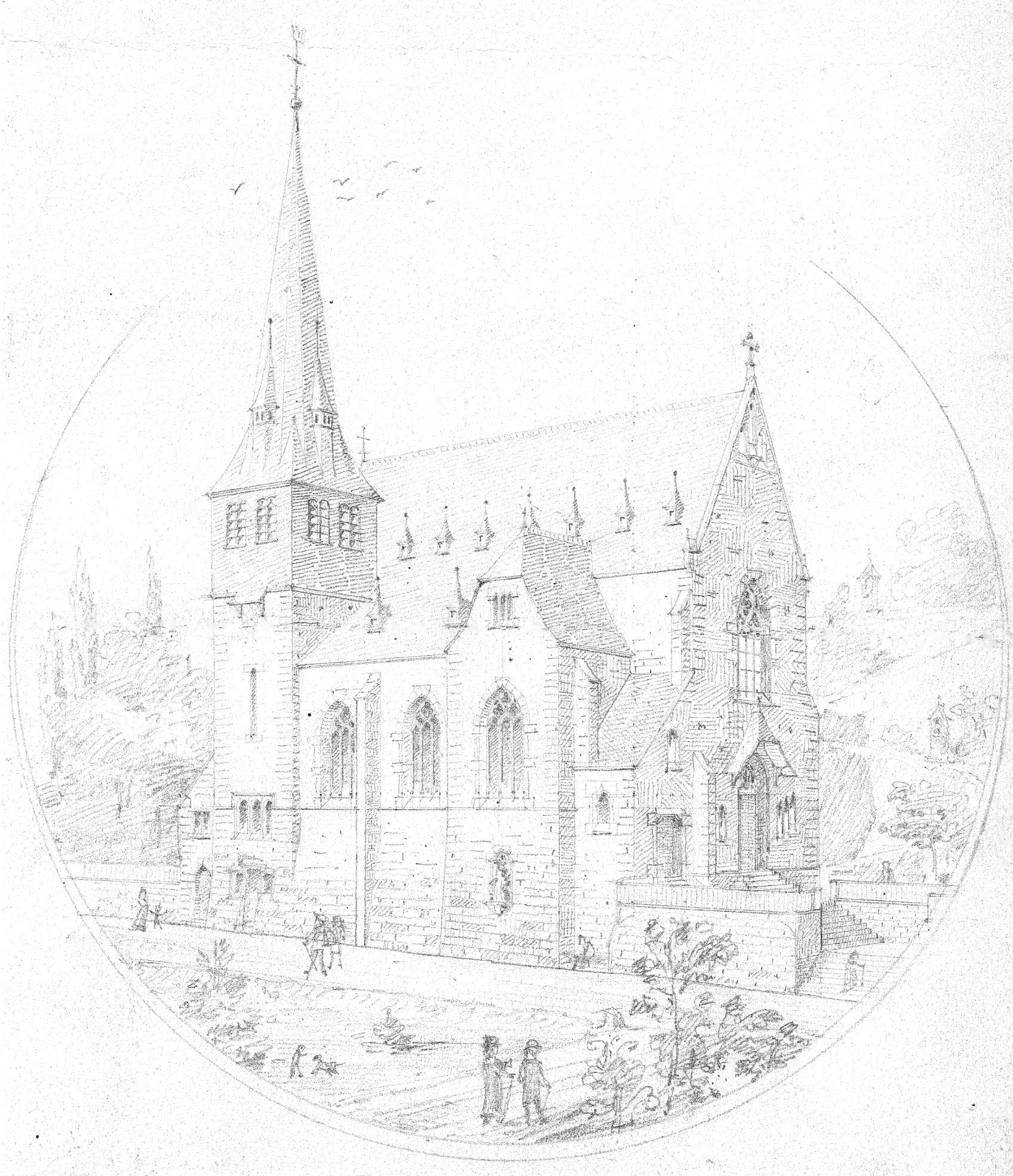 Zeichnung der geplanten Kirche auf der Skizze des Architekten Ludwig Becker (Oktober 1896) (c) Sankt Michael Heppenheim-Hambach