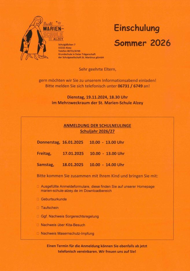 Anmeldung und Info St. Marien-Schule für 2026 (c) St. Marien-Schule Alzey