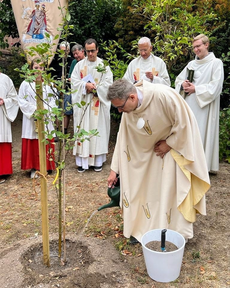 Pfarrer Markus Lerchl gießt den neu gepflanzten Baum (c) Gisela Drosse
