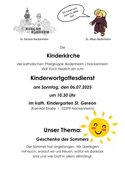 Plakat zur Kinderkirche am 7. Juli auf dem Spielplatz der KiTa St. Gereon