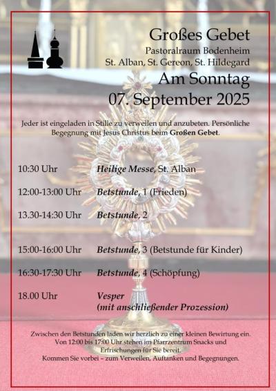 Plakat zum Großen Gebet mit Details der Betstunden