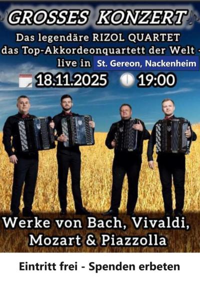 Konzert des Rizol Quartetts am 18. November um 19 Uhr Pfarrkirche St. Gereon Eintritt frei
