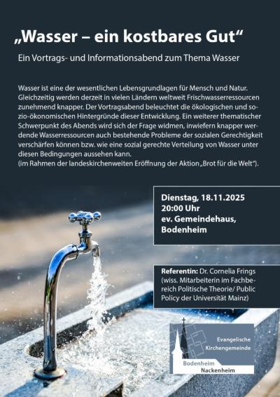 Plakat zum Vortrag von Frau Dr. Cornelia Frings zum Thema Wasser - ein kostbares Gut