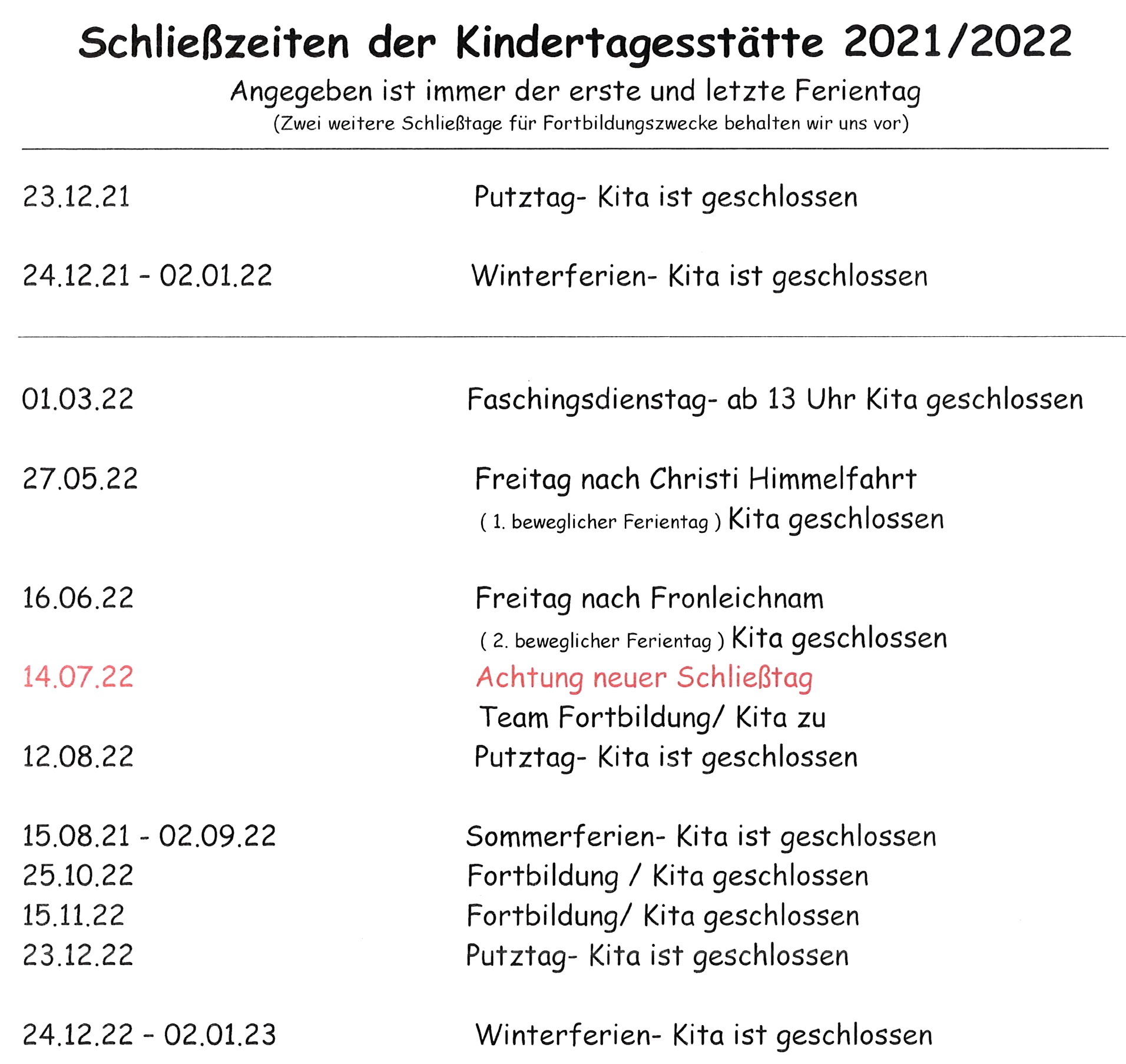 Schließzeiten KiTa 2021-22 (c) KiTa St. Elisabeth