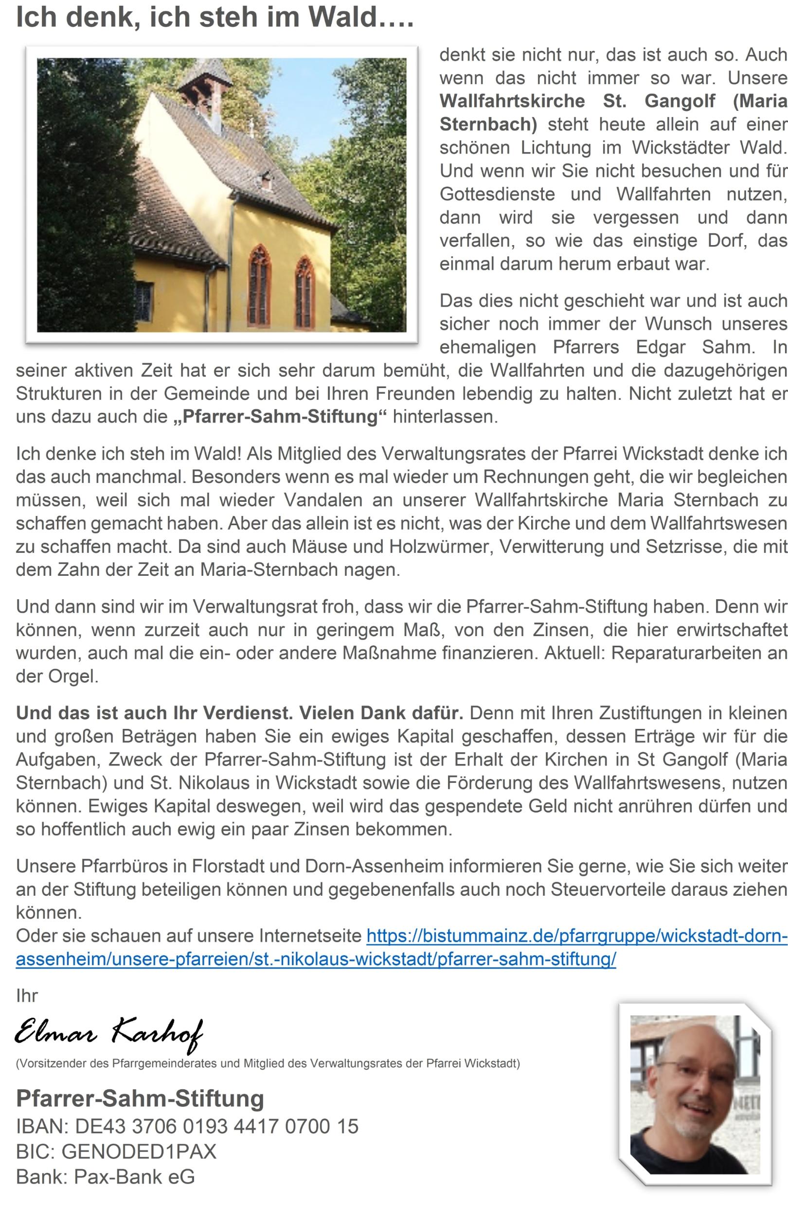 Werbung Pfarrer-Sahm-Stiftung (c) Pfarrgruppe Wickstadt/Dorn-Assenheim