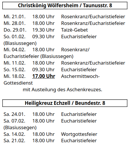 Gottesdienstzeiten Christkönig/Heilig Kreuz (c) Christkönig Wölfersheim