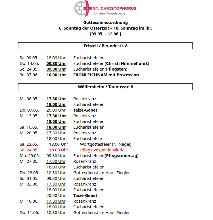 Gottesdienste im Mai und Juni (c) Christkönig Wölfersheim