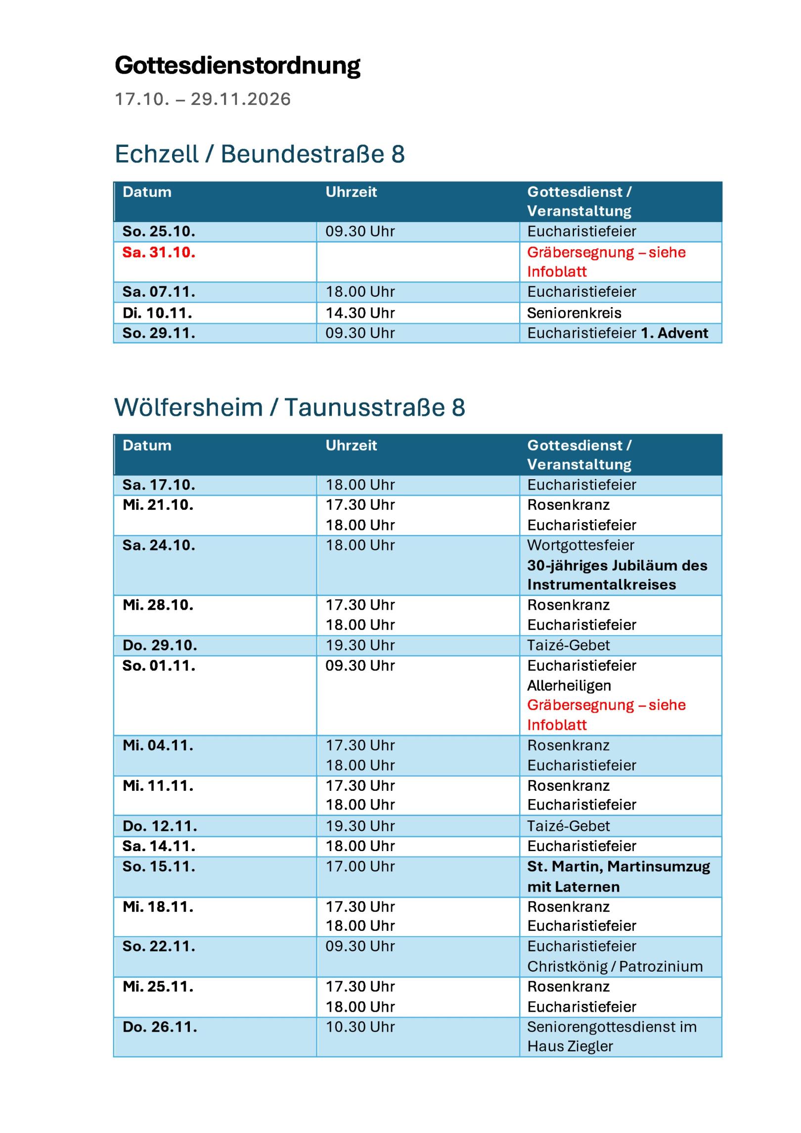 Gottesdienstordnung (c) Christkönig Wölfersheim