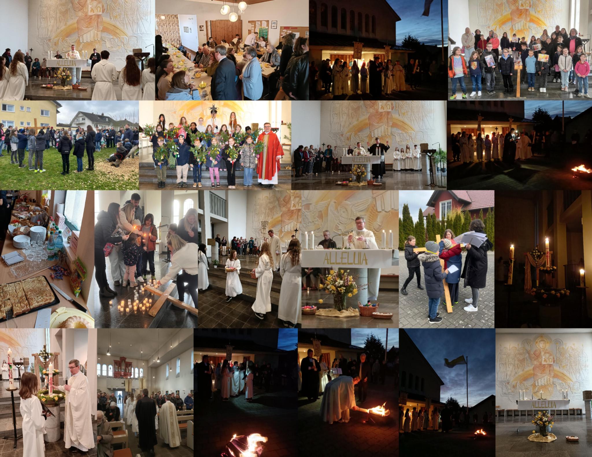 Eine Collage der Erstkommunionkinder, Katecheteninnen, Pfarrer Wojcik, Pfarrer Stephan zum Palmzweigebinden, Kinderkreuzweg und Osternacht mit anschließendem Pfarrkaffee
