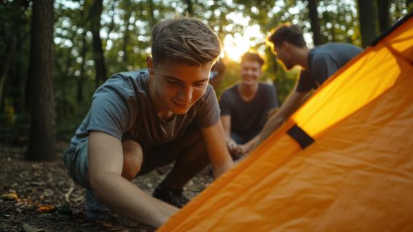 Freunde bauen ihr Lager im Wald auf