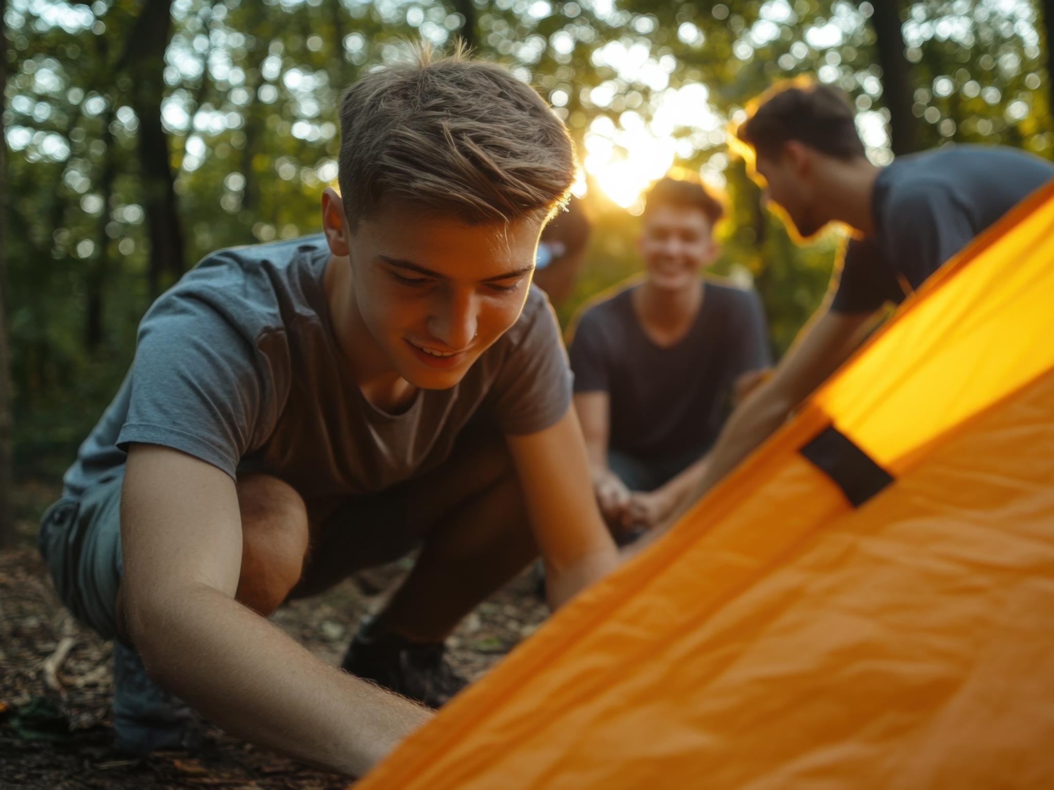 Freunde bauen ihr Lager im Wald auf