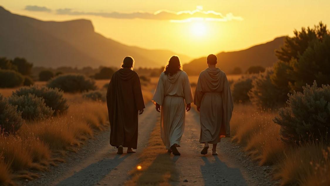 Bible story, The Road to Emmaus, Jesus walking with two disciples along a path, engaged in deep conversation.