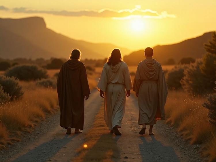 Bible story, The Road to Emmaus, Jesus walking with two disciples along a path, engaged in deep conversation.