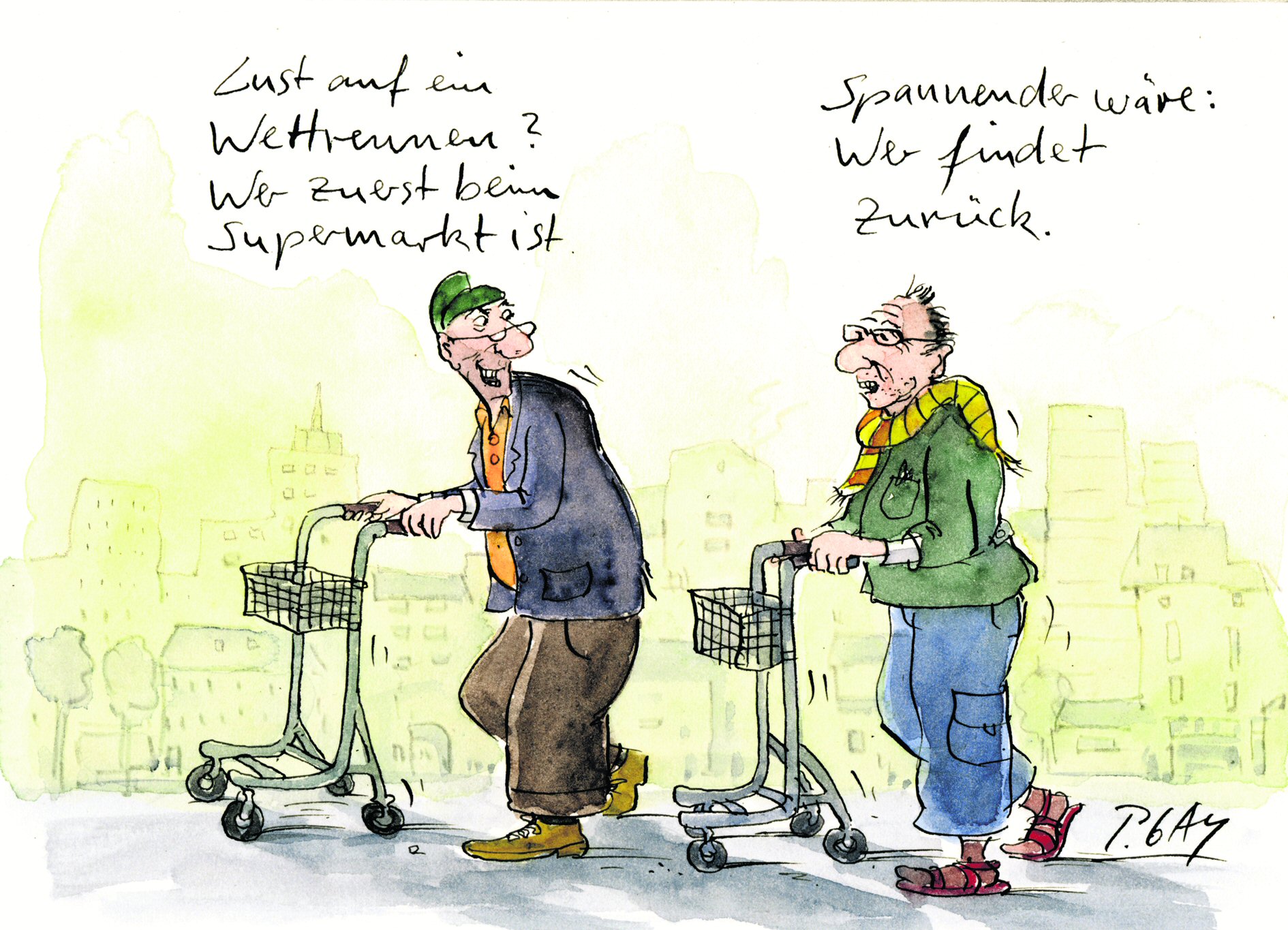 Humor im Zusammenhang mit Demenz – ist das erlaubt? Ja, findet Cartoonist Peter Gaymann und bringt eine Situationskomik ins Bild, die – ohne verletzend zu sein – zum Lachen bringt. (c) Peter Gaymann, Köln