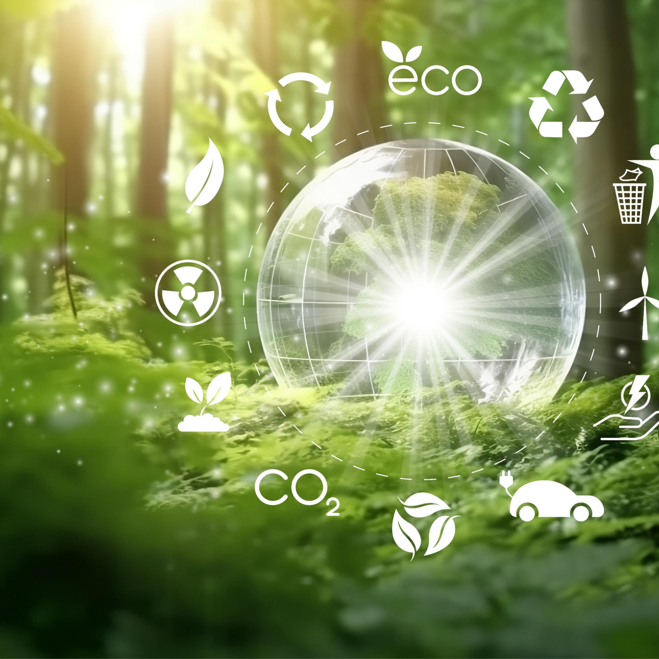 Glass globe in green forest