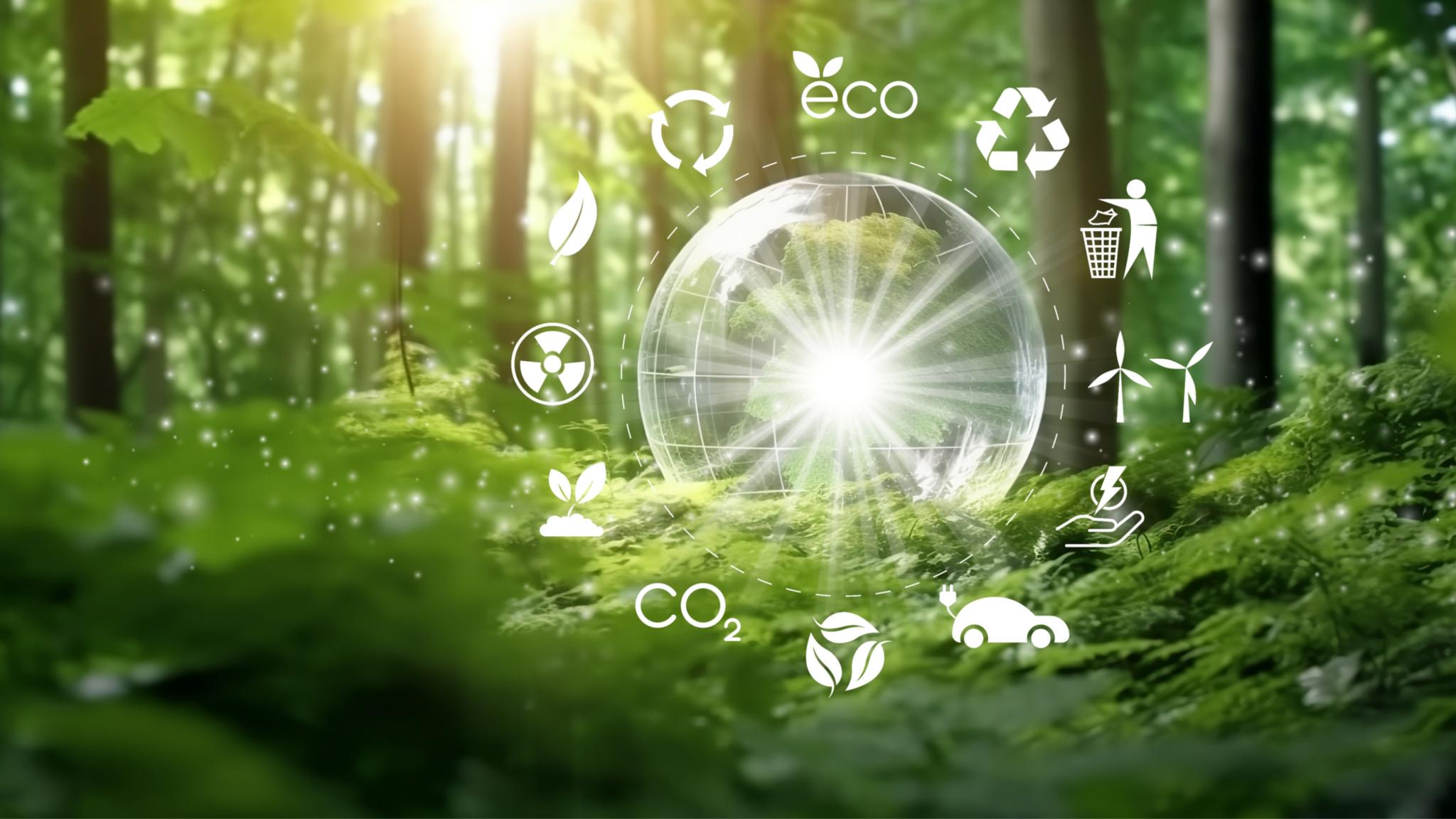 Glass globe in green forest