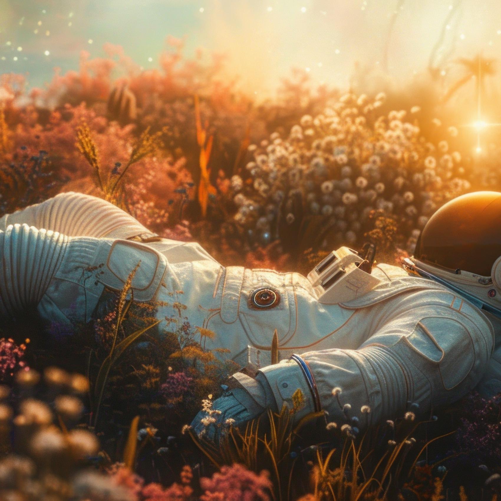 Astronaut in Blumenwiese