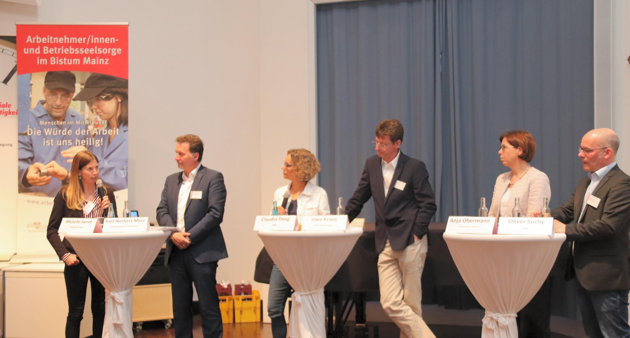 Mainz, 30.4.2019: Die Teilnehmer der Podiumsdiskussion (v.l.n.r.): Michelle Serret, Karl-Norbert Merz, Claudia Deeg, Uwe Kraus, Anja Obermann und Oliver Suchy