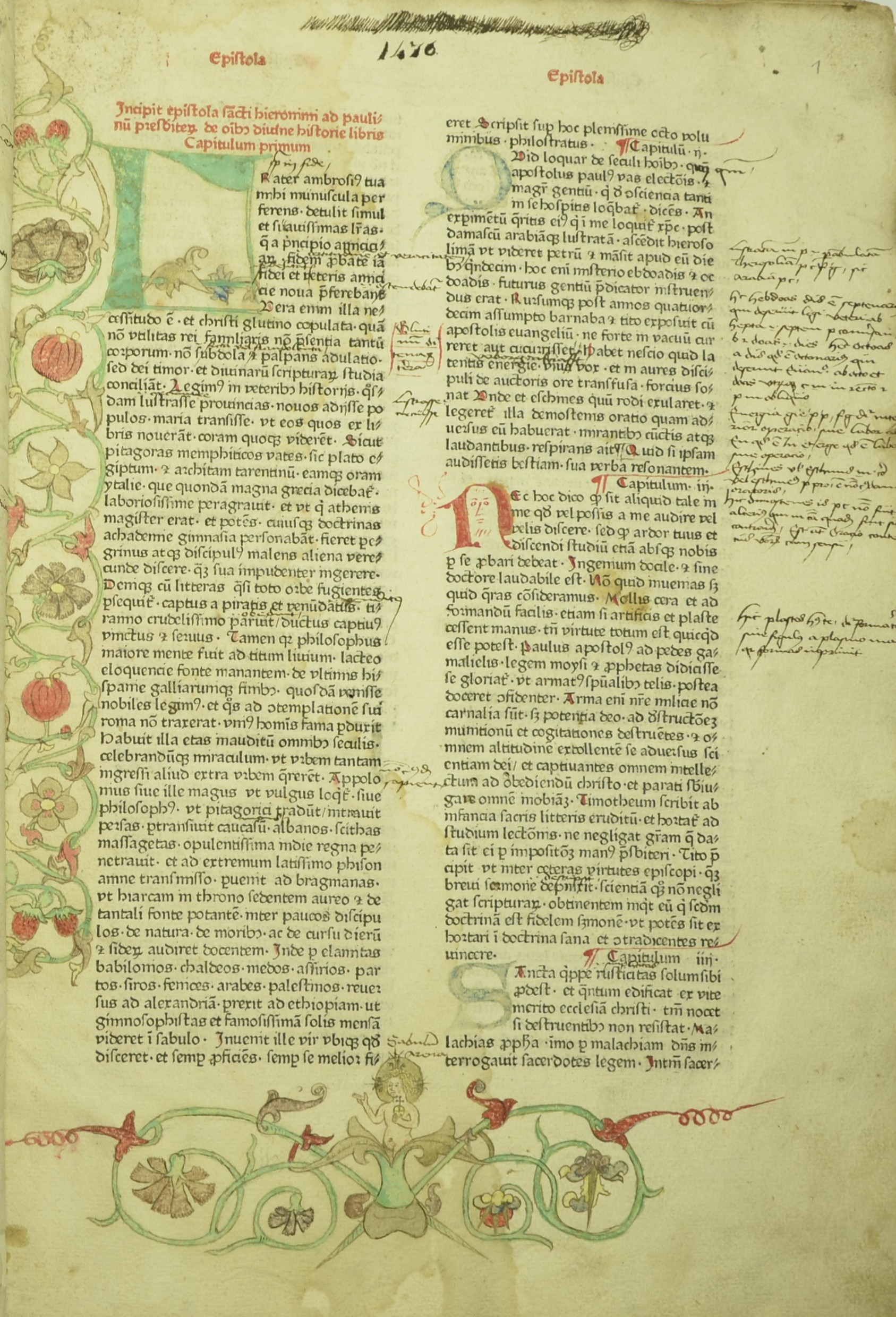 Erstes Blatt einer lateinischen Bibel (Nürnberg 1476) (Inc 94) mit reich verzierten, vergrößerten Anfangsbuchstaben (Initialen), Pflanzenmalereien am Blattrand (florale Ranken) und Figuren (Inc 94) (c) Martina Noehles CC-BY-SA