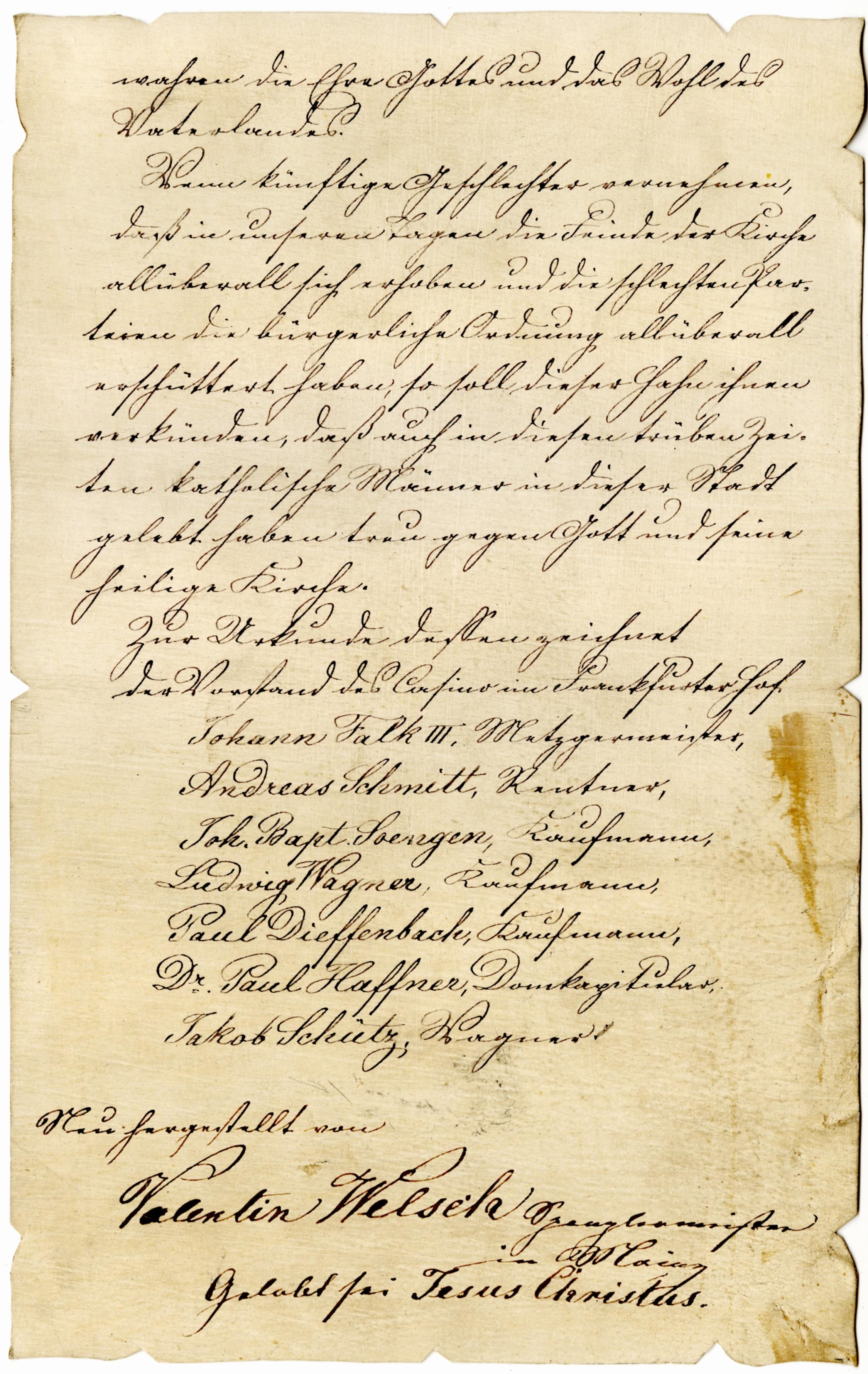 Eine der Urkunden aus der wiederentdeckten Zeitkapsel von Mainz-St. Christoph.