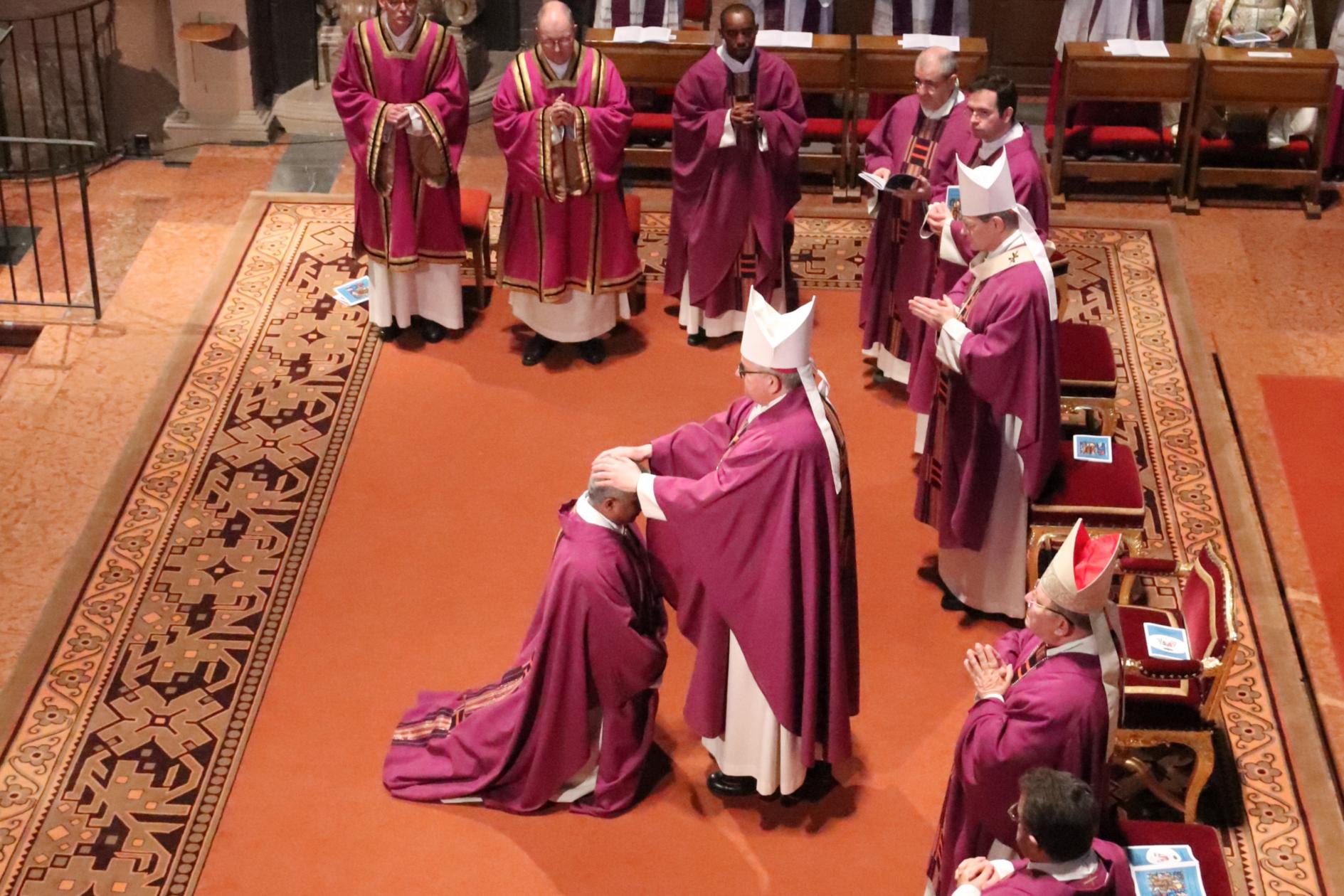 Durch Handauflegen weihte Bischof Peter Kohlgraf Pater Joshy Pottackal zum Weihbischof