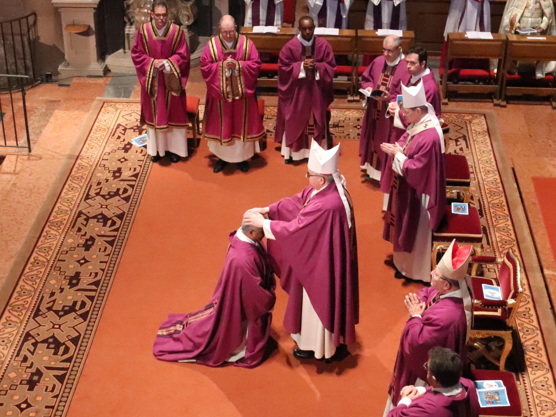 Durch Handauflegen weihte Bischof Peter Kohlgraf Pater Joshy Pottackal zum Weihbischof