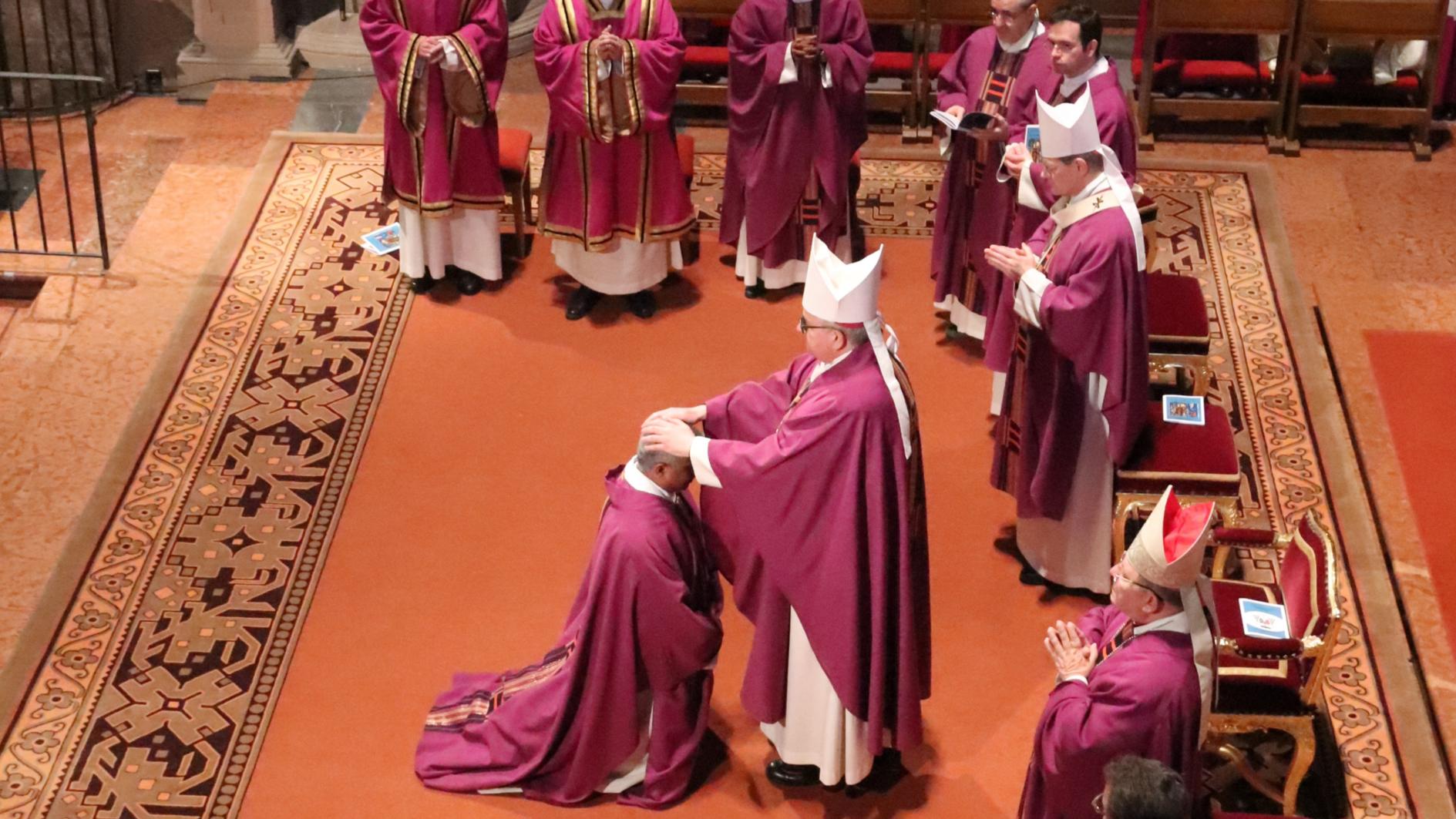 Durch Handauflegen weihte Bischof Peter Kohlgraf Pater Joshy Pottackal zum Weihbischof