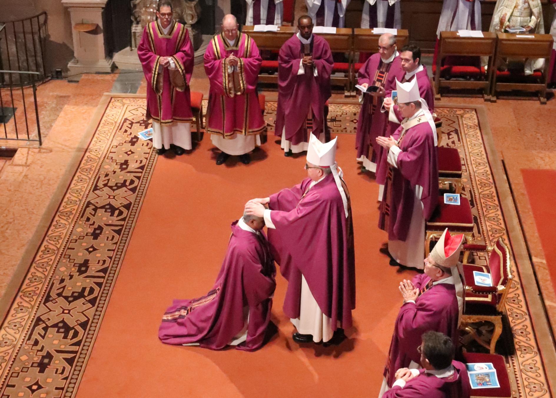 Durch Handauflegen weihte Bischof Peter Kohlgraf Pater Joshy Pottackal zum Weihbischof (c) Bistum Mainz/Hoffmann