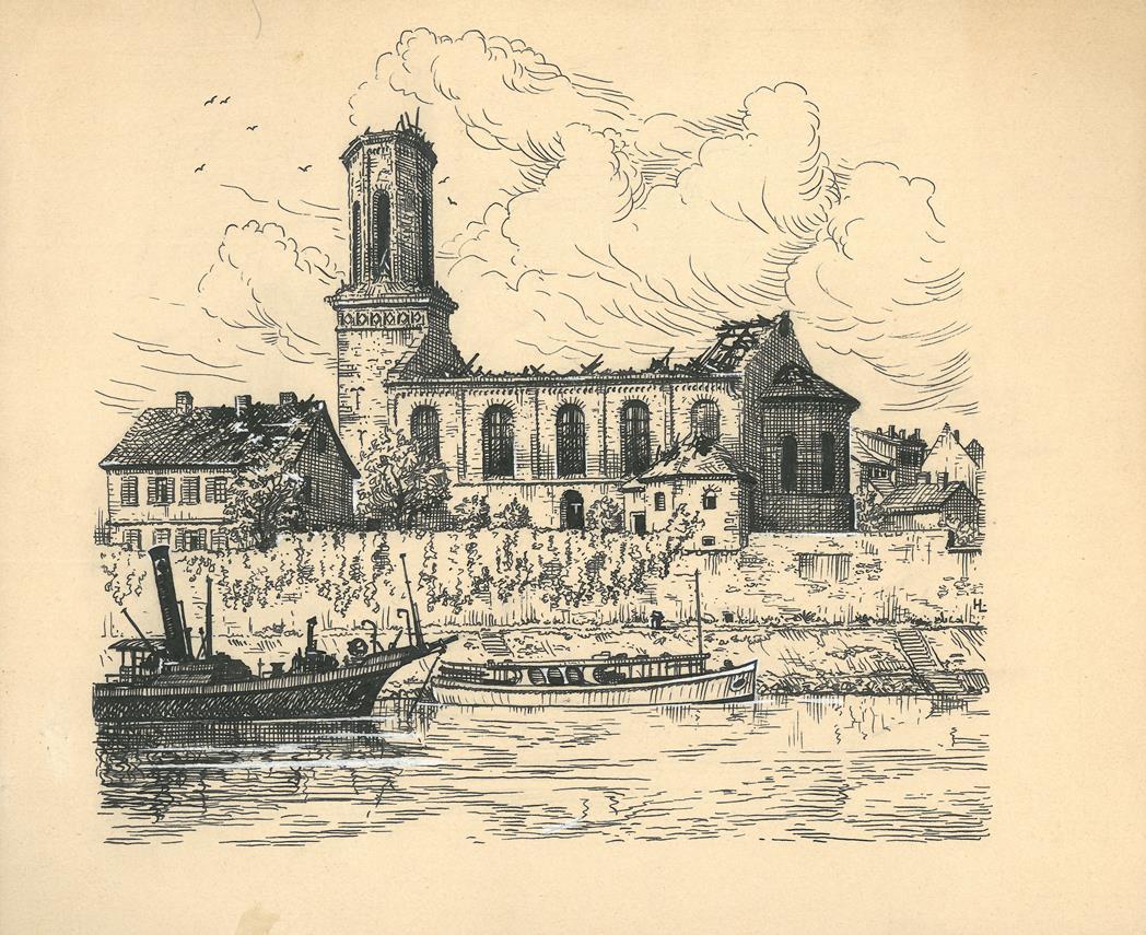 Zeichnung von Heinz Leitermann von der Ruine der Kirche in Mainz-Kostheim im Zustand von 1945