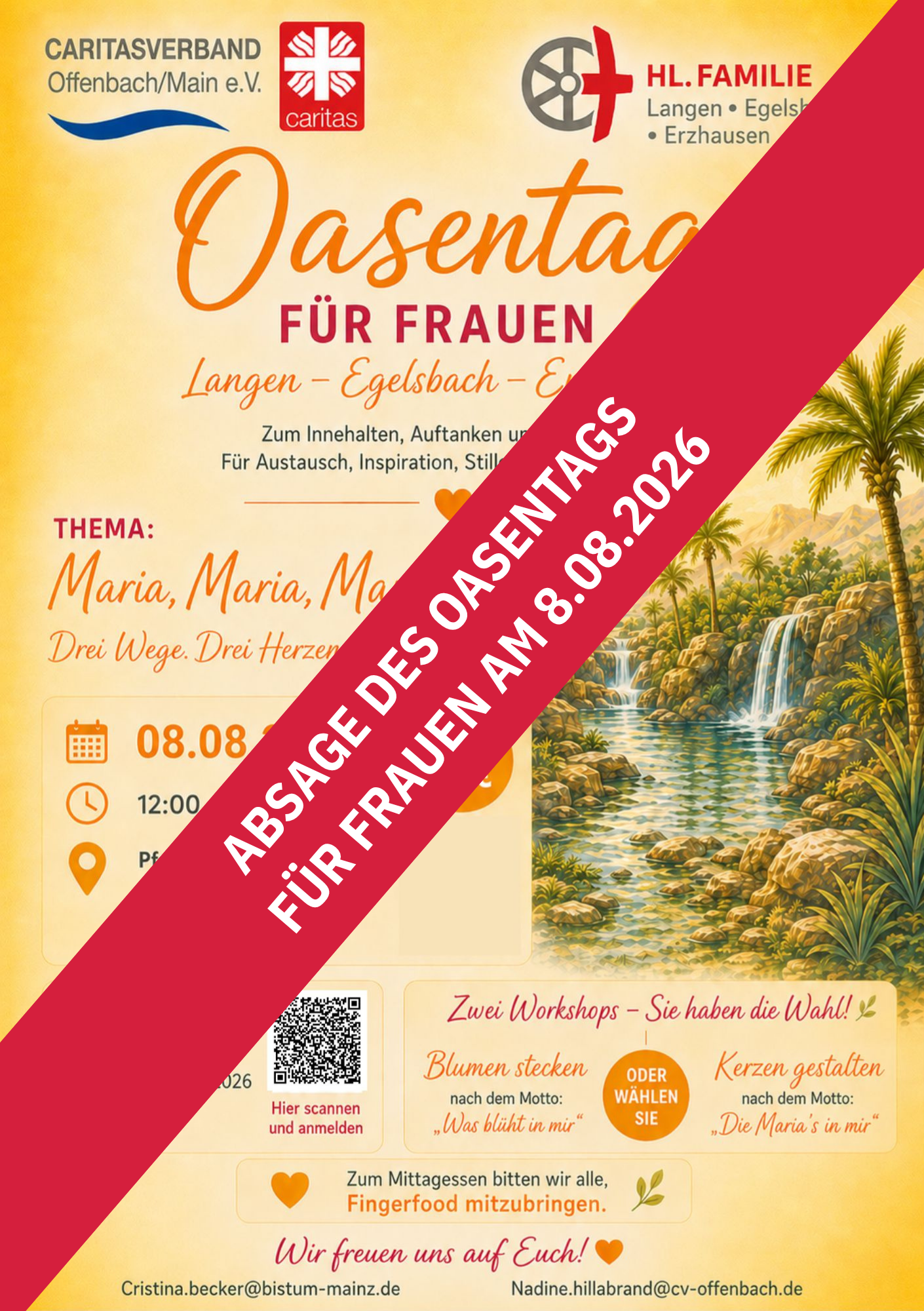 Absage des Oasentags für Frauen am 8.08.2026