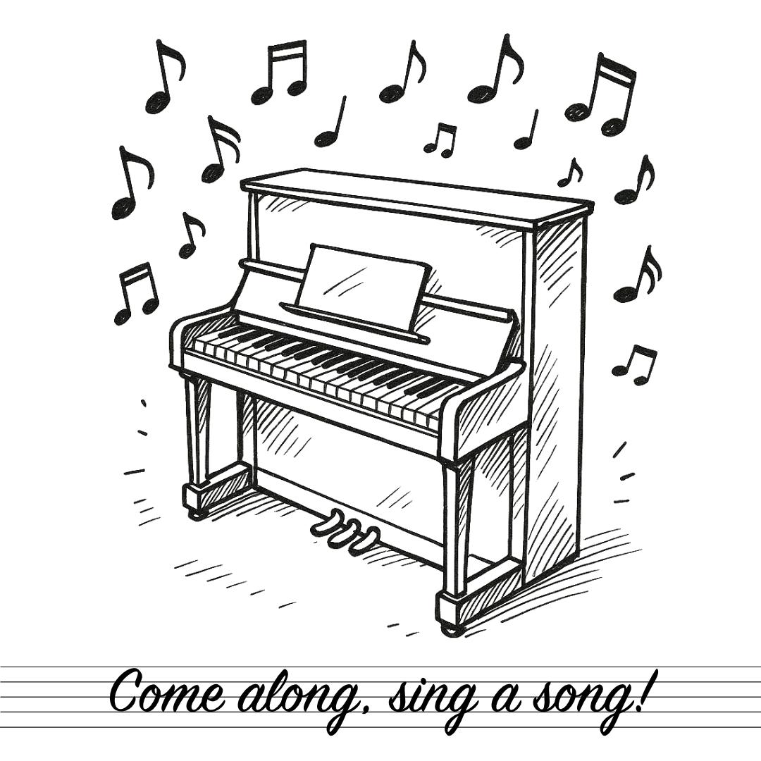 Eine Zeichnung von einem offenen Klavier mit Musiknoten drum herum und der Zeile come along, sing a song