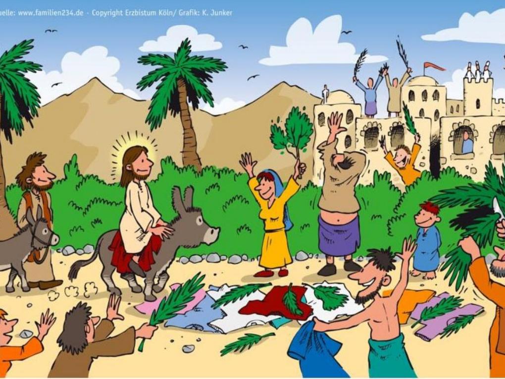 Eine Zeichnung auf der Jesu Einzug nach Jerusalem dargestellt ist. Leute legen Palmzweige und Kleidung vor ihm auf die Straße