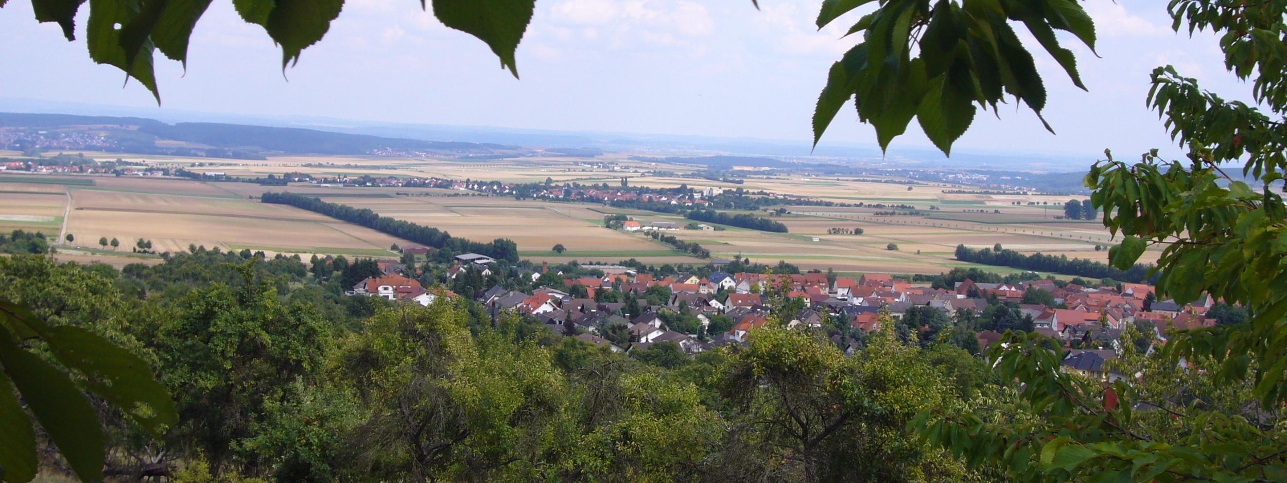 Blick über die Wetterau: über Getreidefelder begrenzt mit Hecken und Alleen, Dörfer und Wälder.