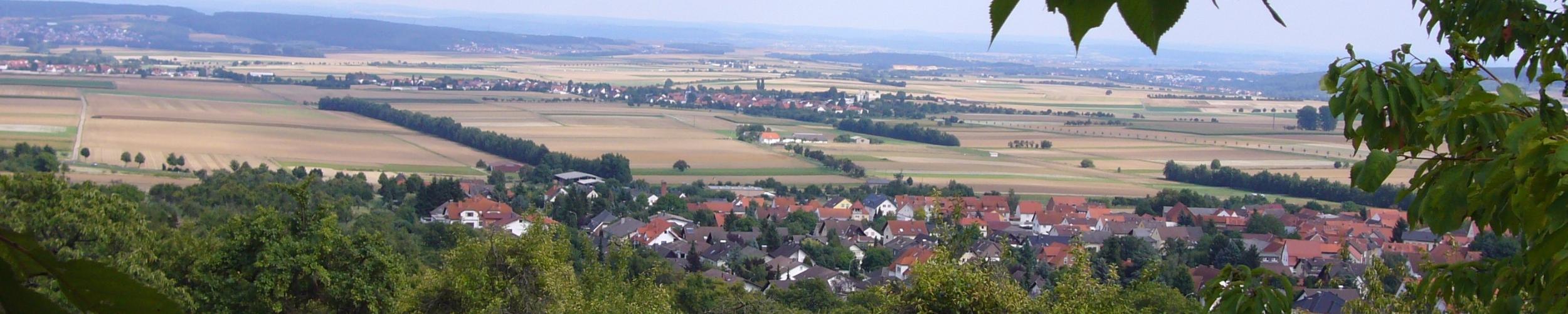 Blick über die Wetterau: über Getreidefelder begrenzt mit Hecken und Alleen, Dörfer und Wälder.