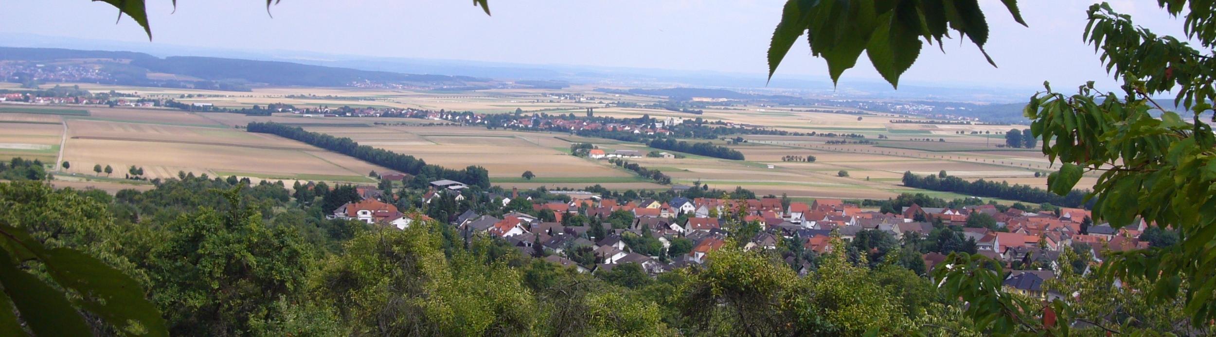 Blick über die Wetterau: über Getreidefelder begrenzt mit Hecken und Alleen, Dörfer und Wälder.