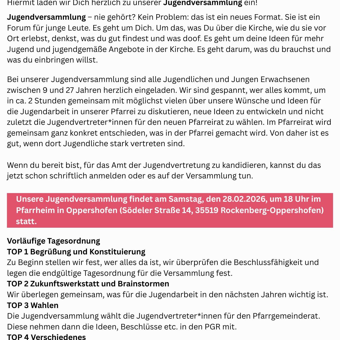 Einladung Jugendversammlung