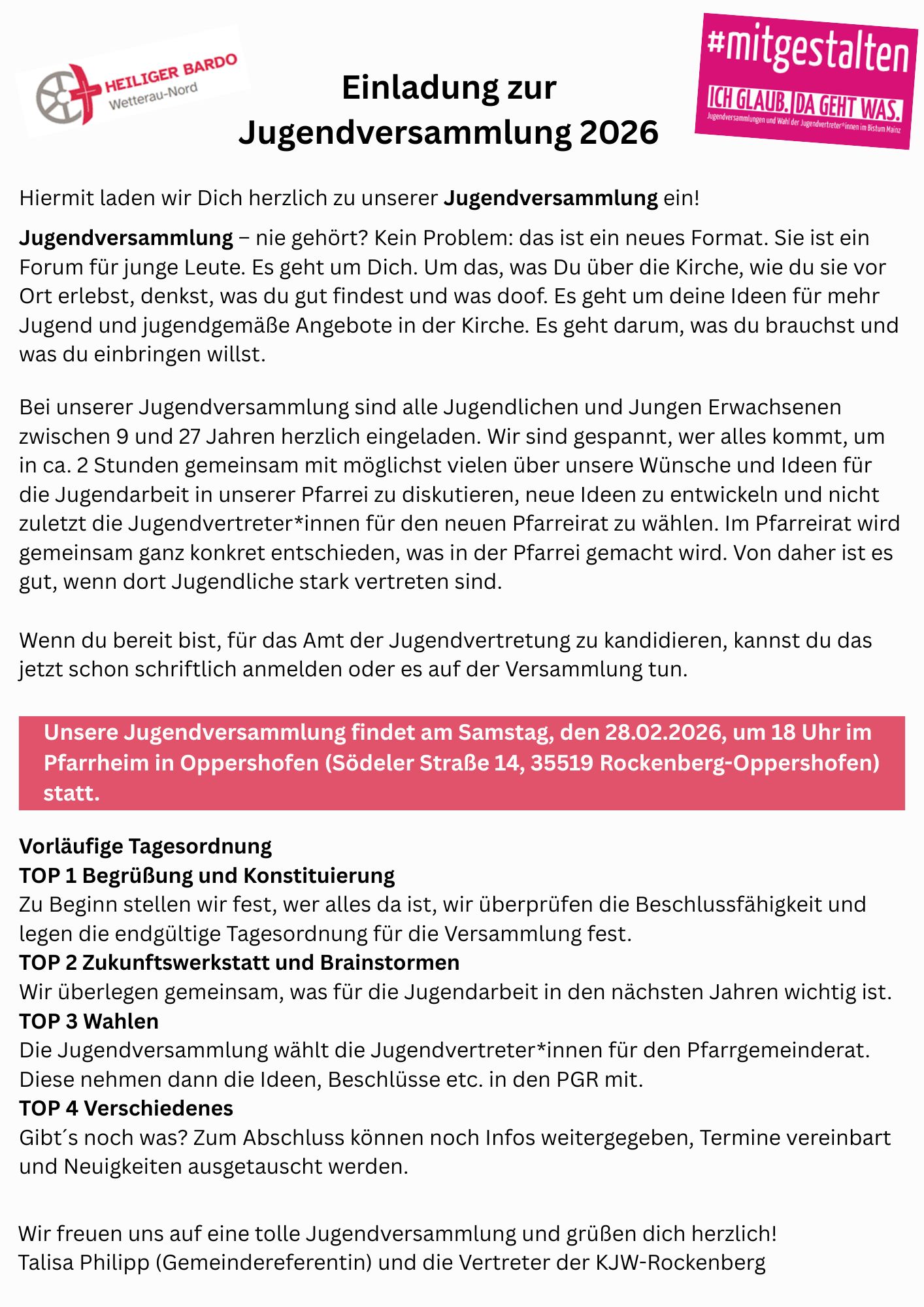 Einladung Jugendversammlung