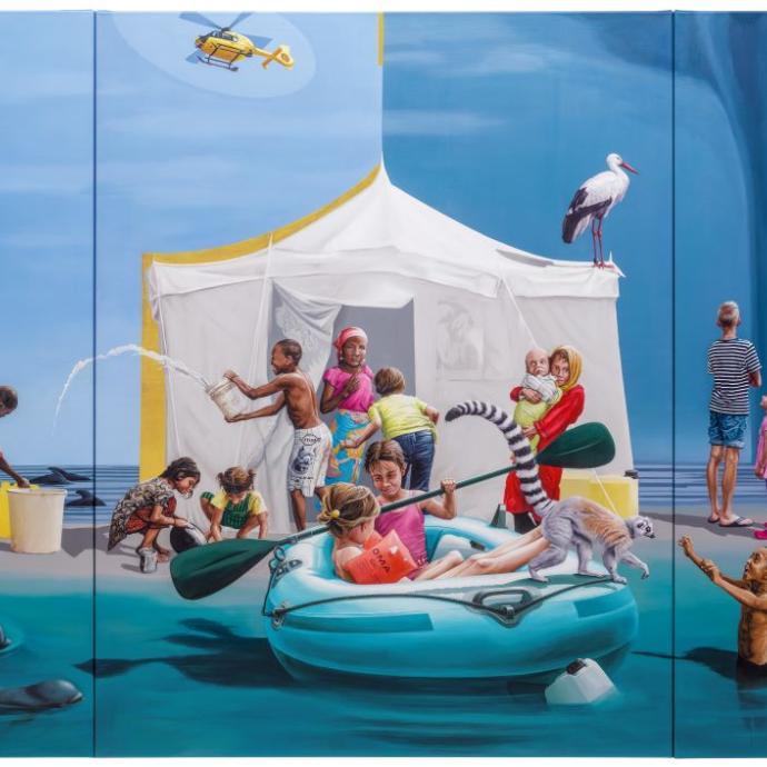 Großes Tuch mit Gemälde einer kleine Insel mit weißem Zelt und vielen Menschen
