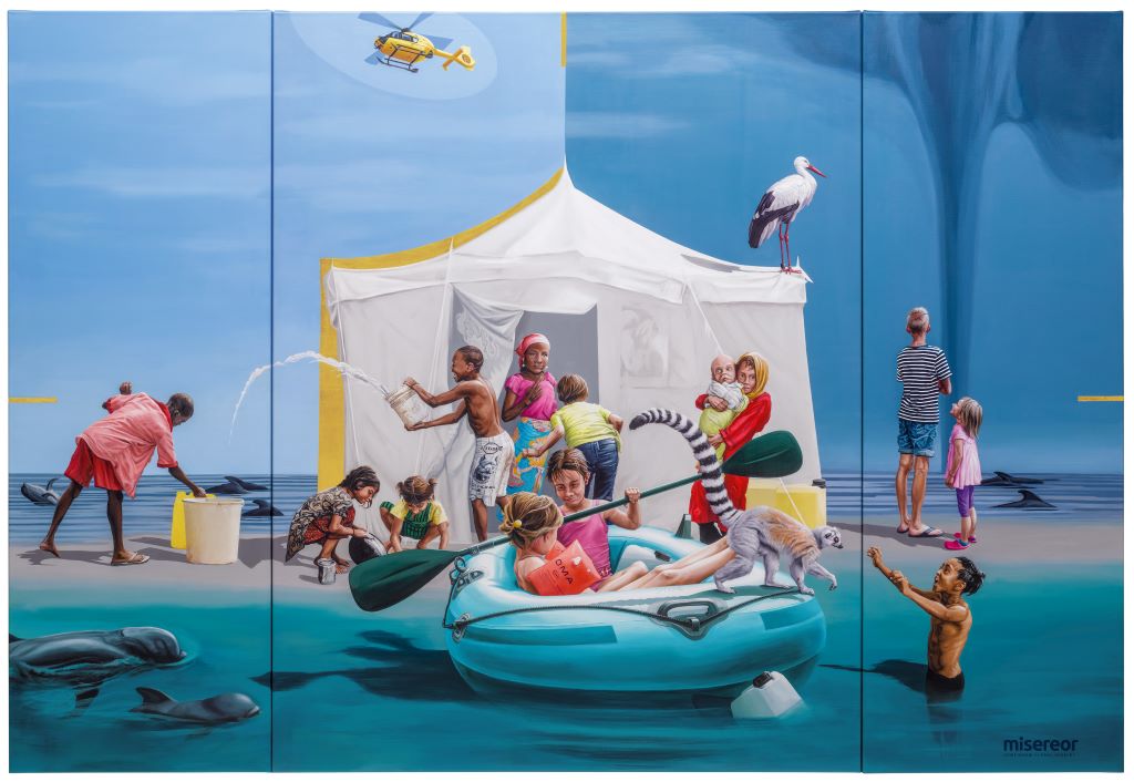 Großes Tuch mit Gemälde einer kleine Insel mit weißem Zelt und vielen Menschen