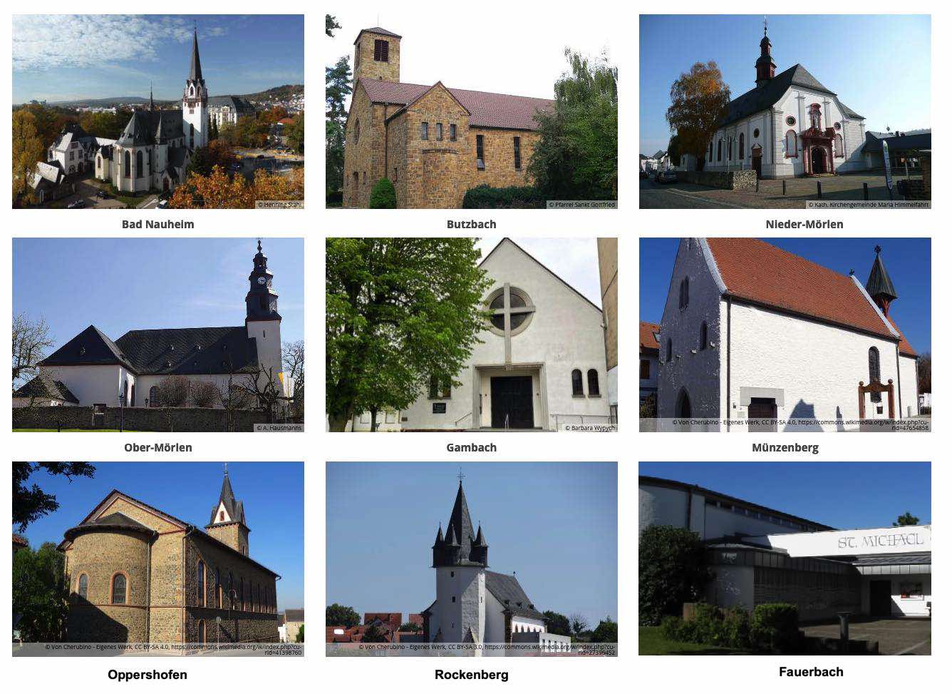 Collage von neun Kirchen im Pastoralraum Wetterau-Nord.
